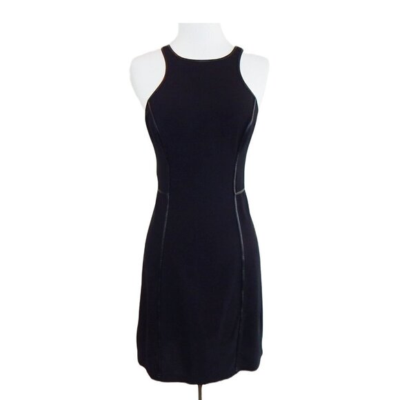 G By Guess Black Faux Leather Trim Stretch Bodycon Racerback Exposed Zip Dress M - Picture 1 of 5